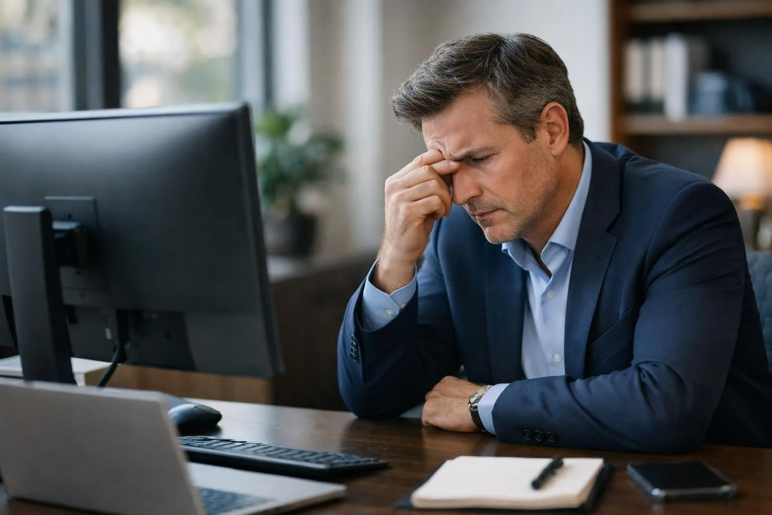 Homme d'affaires stressé, assis devant un ordinateur.