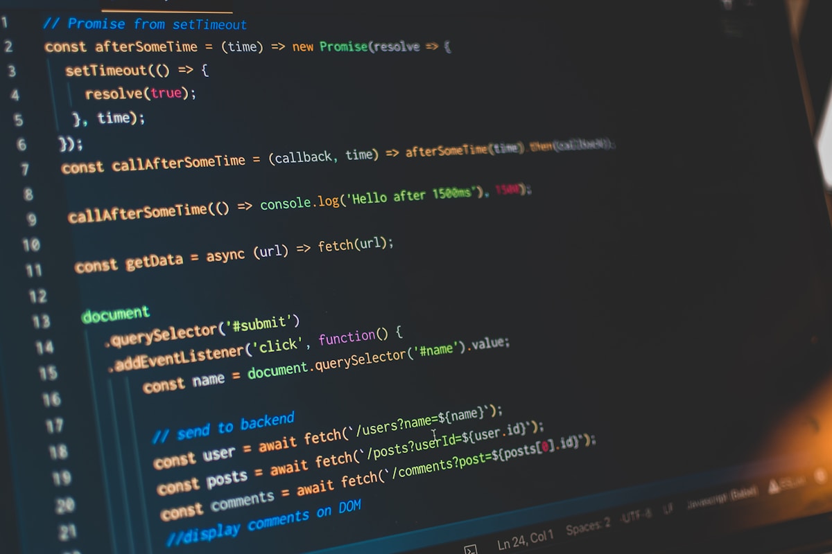 Code source JavaScript avec des fonctions et des promesses.