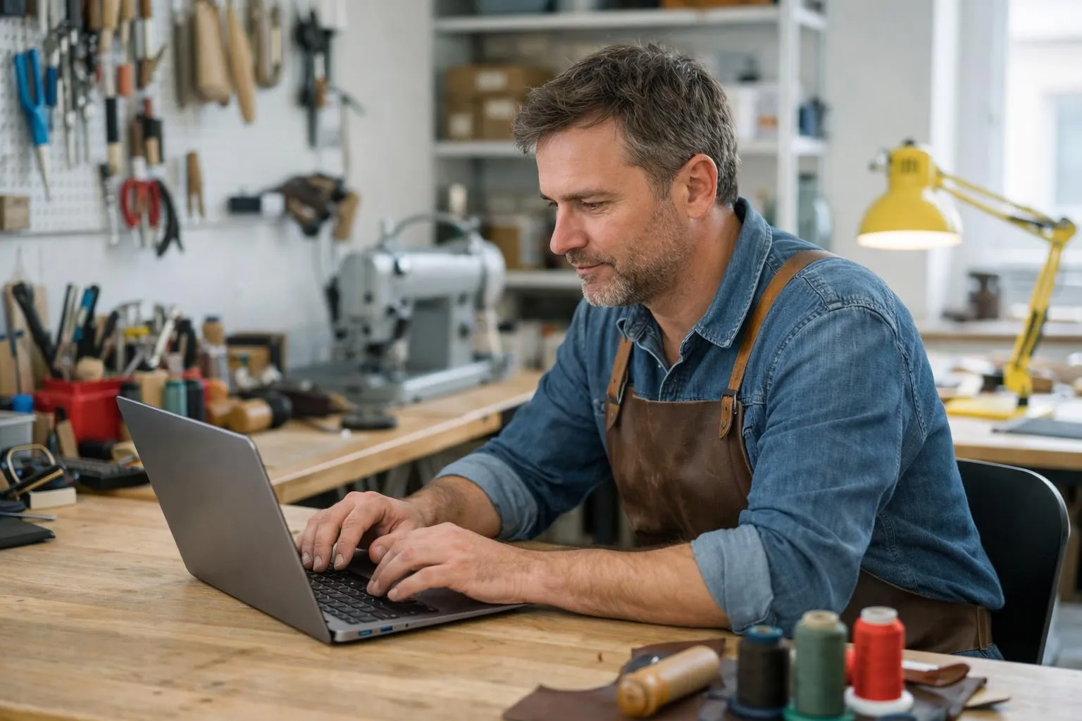Homme barbu en salopette travaillant sur un ordinateur portable dans un atelier.