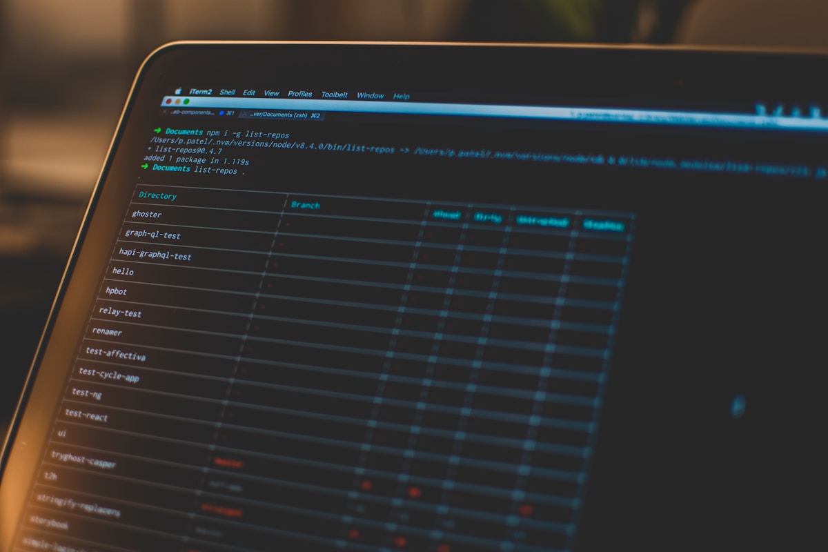 Code source d'un éditeur de texte avec une liste de répertoires et de fichiers.