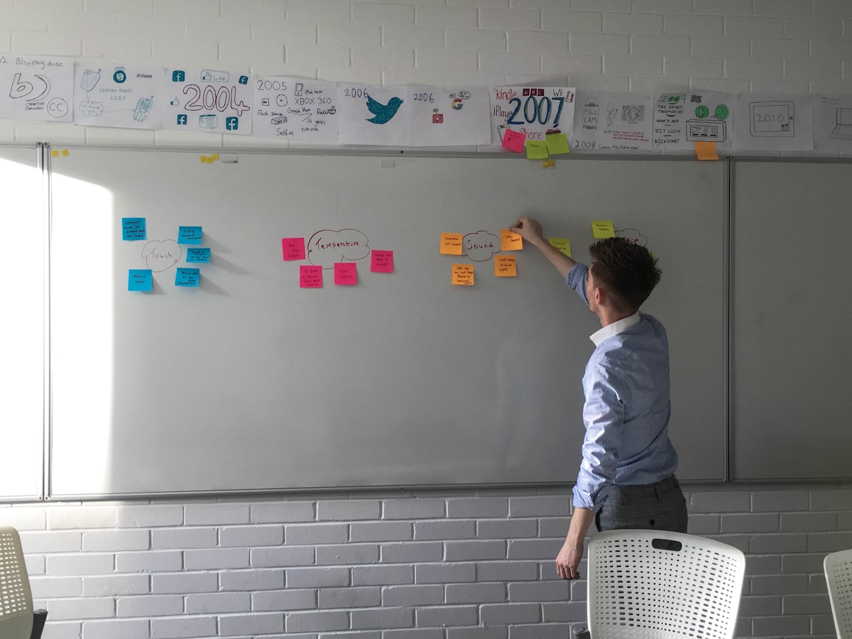Homme travaillant sur un tableau blanc avec des notes collées.
