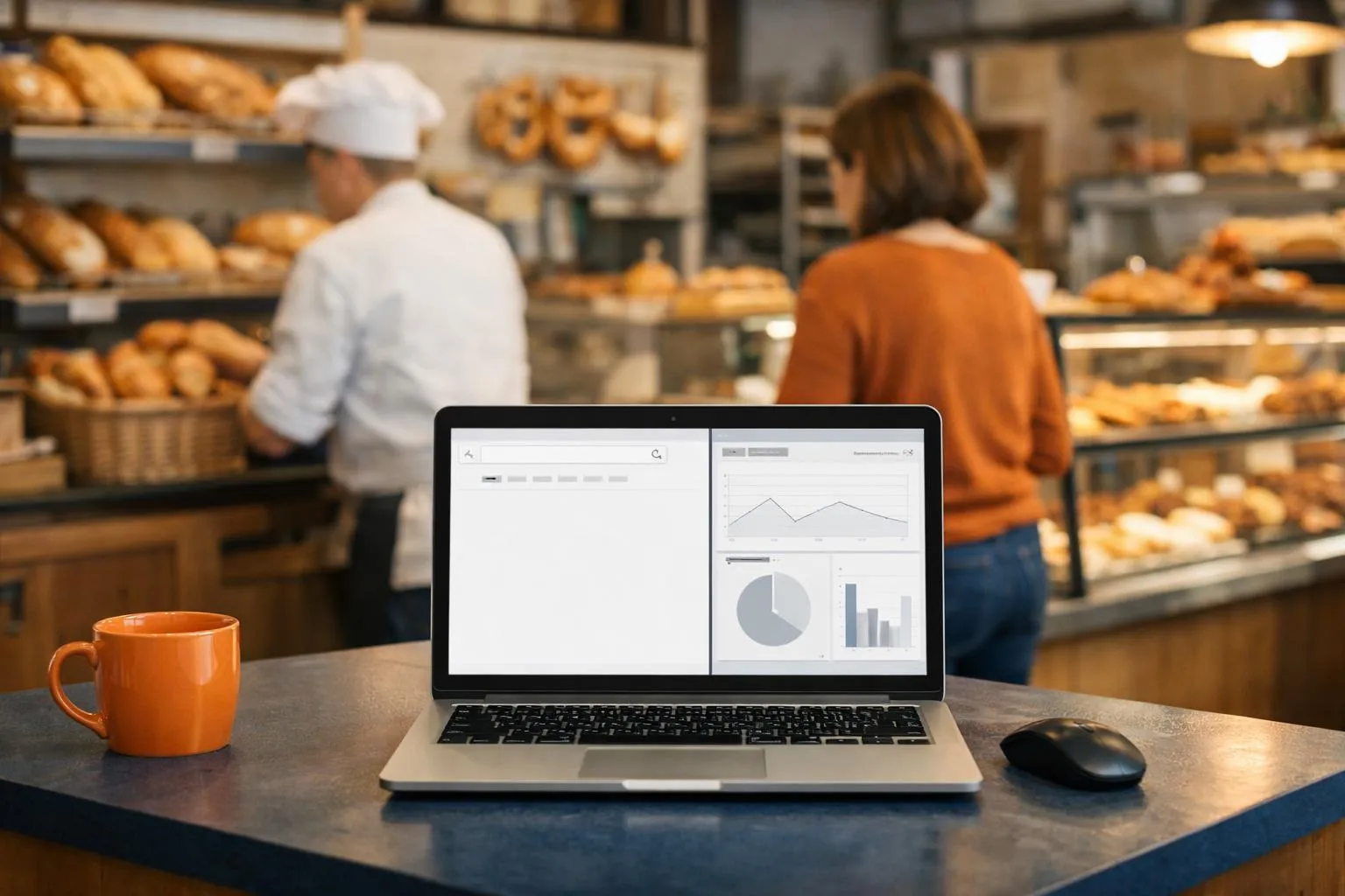 Ordinateur portable avec graphiques et statistiques dans une boulangerie.