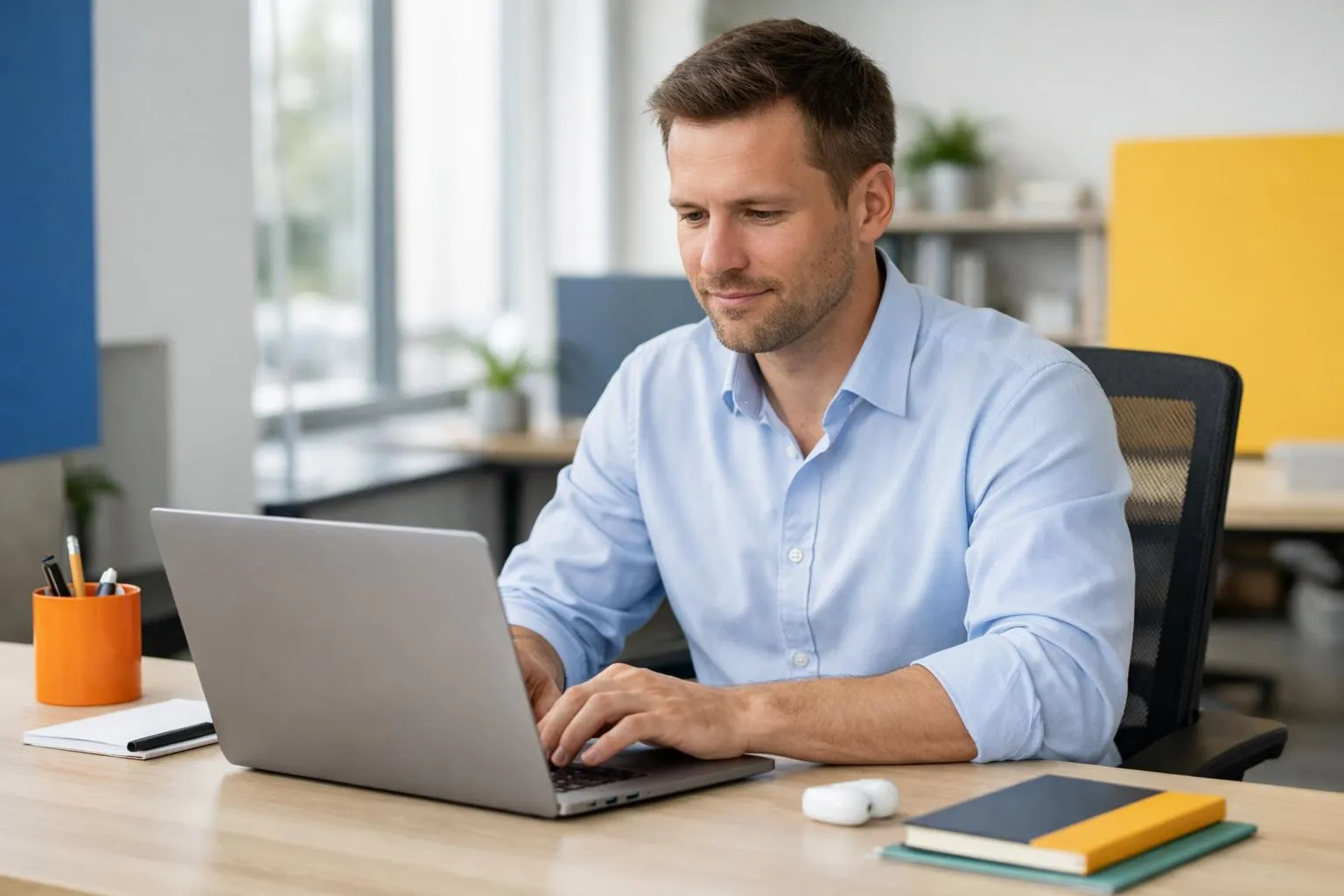 Homme d'affaires travaillant sur un ordinateur portable dans un bureau moderne.