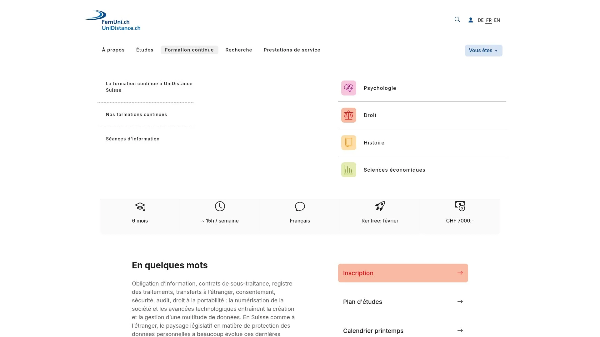 Site web de formation continue UniDistance Suisse avec différents domaines d'études.