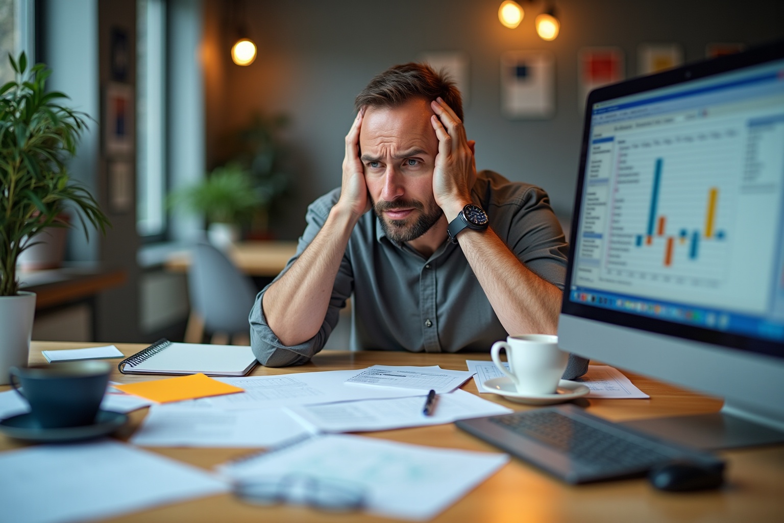 Homme d'affaires stressé au bureau, entouré de documents et d'un ordinateur portable.