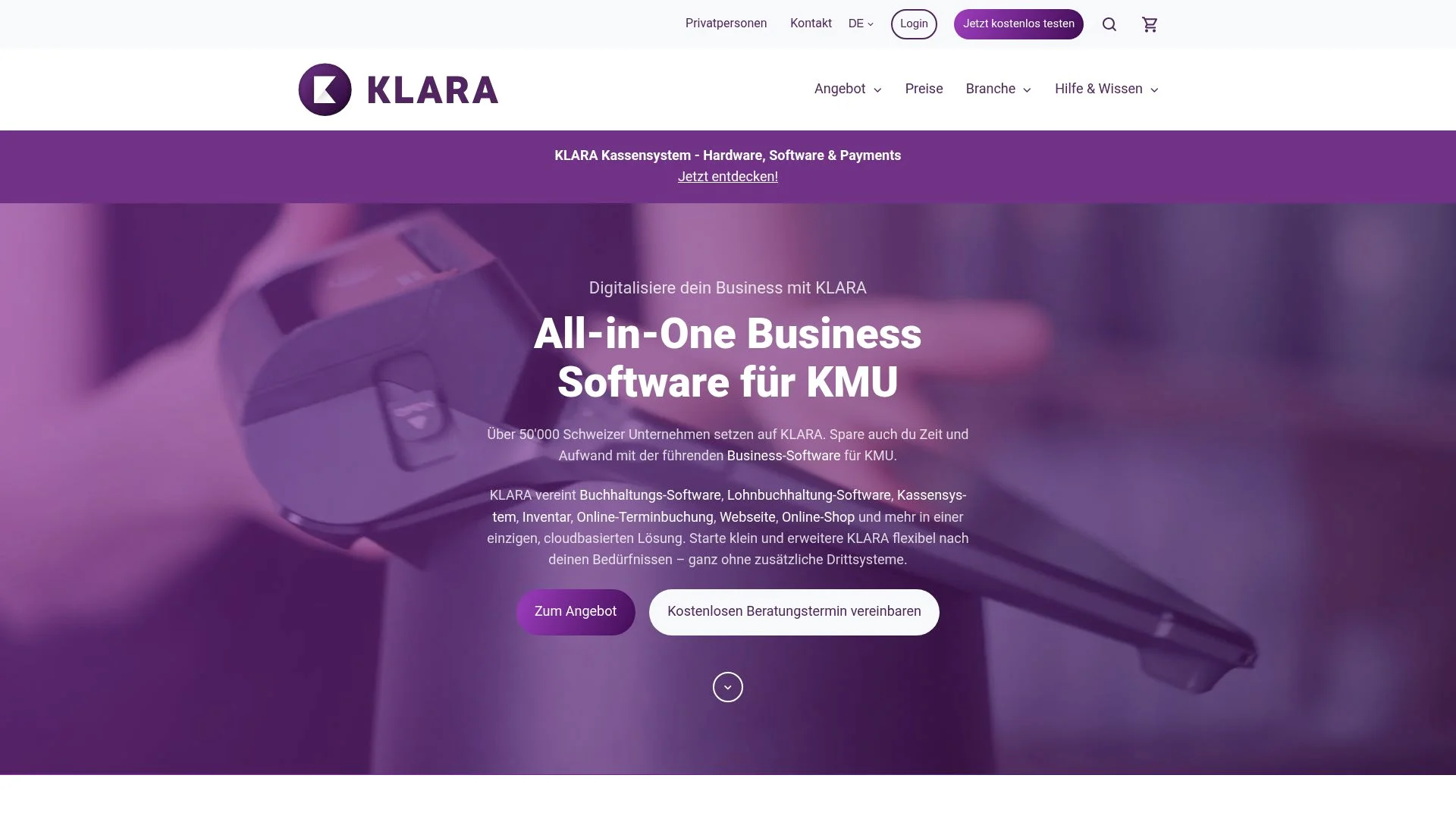 Écran d'accueil du site web de Klara, une solution logicielle tout-en-un pour les PME.