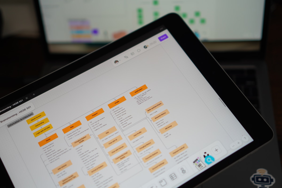 Schéma détaillé d'un processus d'information sur un écran de tablette.