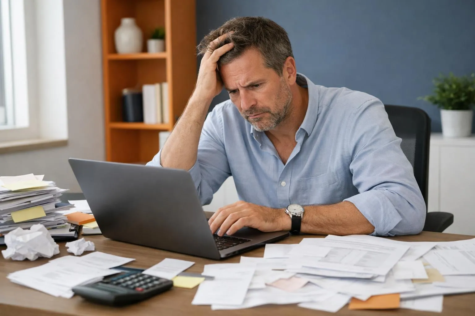 Homme d'affaires stressé travaillant sur son ordinateur portable au bureau.