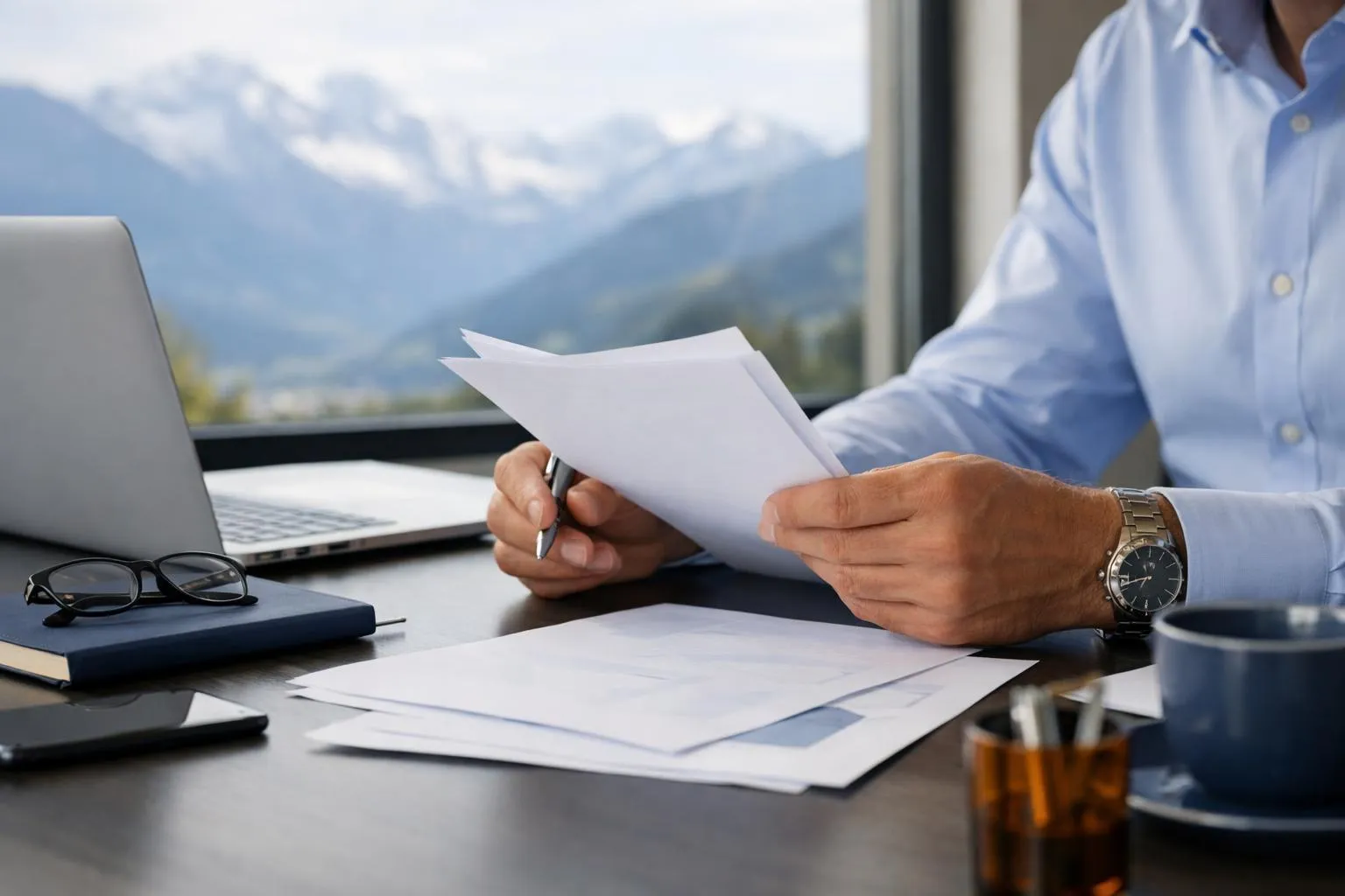 Homme d'affaires examinant des documents sur son lieu de travail avec vue sur la montagne.
