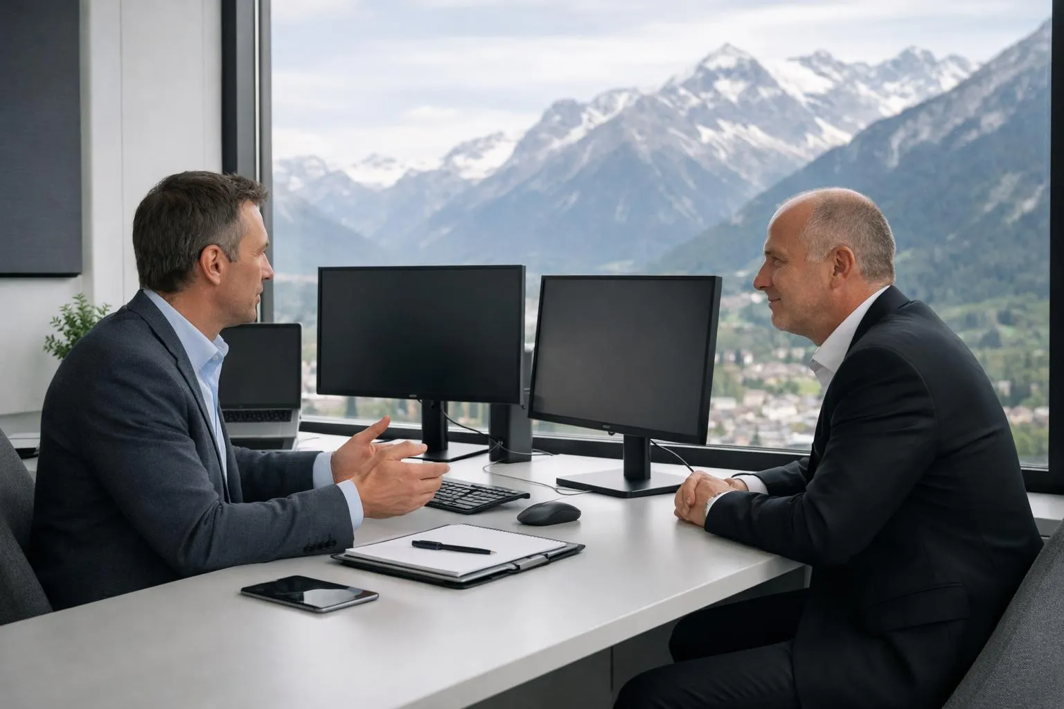 Deux hommes d'affaires discutant dans un bureau avec vue sur les montagnes enneigées.