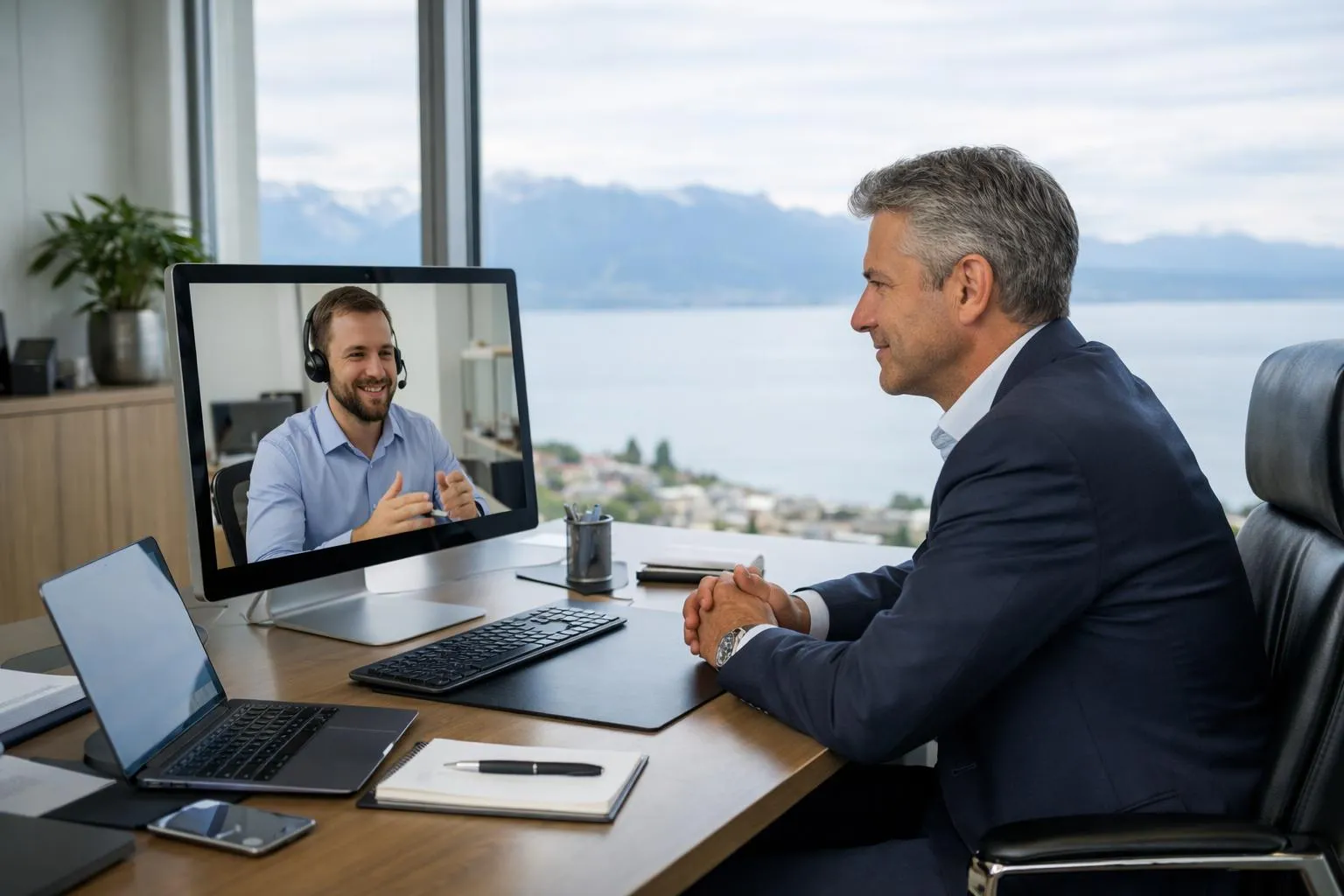 Deux hommes en discussion par visioconférence dans un bureau avec vue sur la montagne.