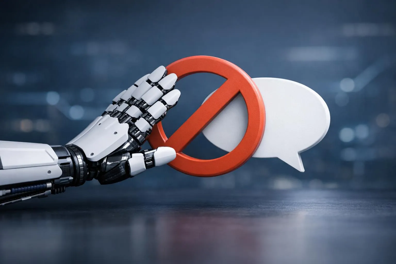 Robot tenant un panneau d'interdiction rouge.