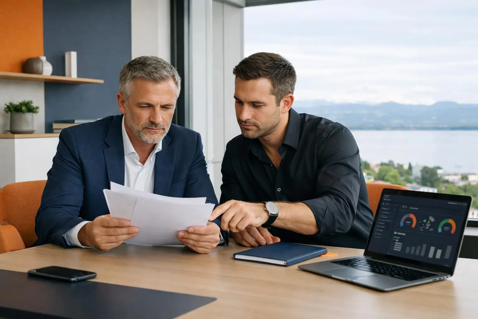 Deux hommes d'affaires dont un consultant rgpd yverdon, examinant des documents sur un ordinateur portable.