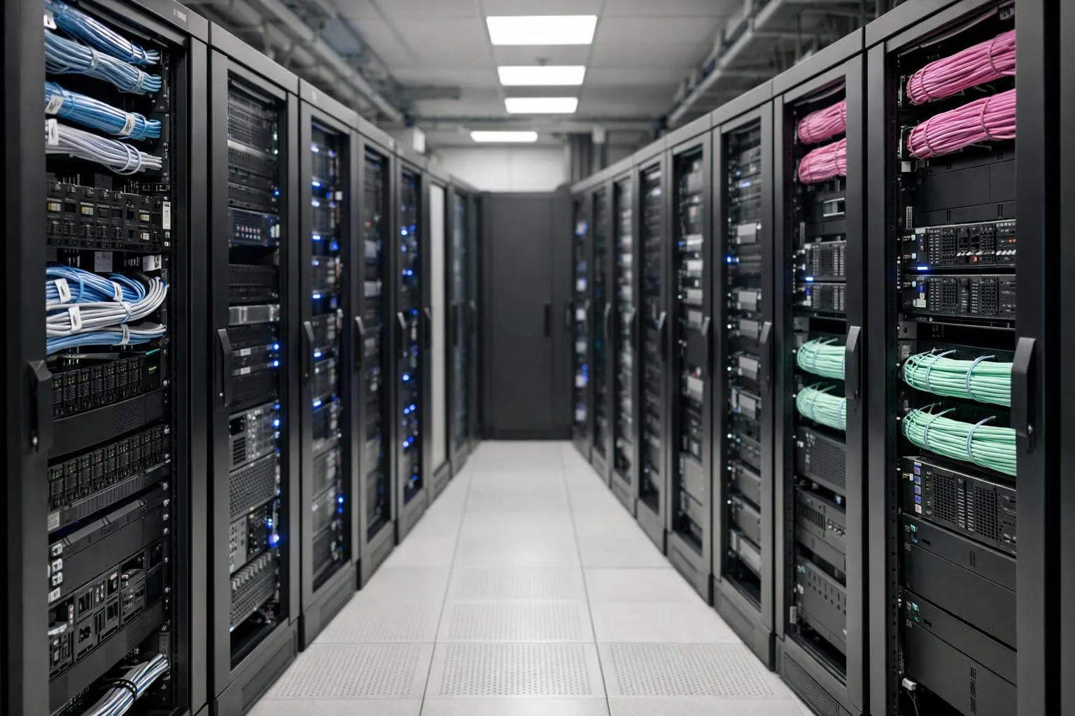 Rangées de serveurs informatiques dans un centre de données.