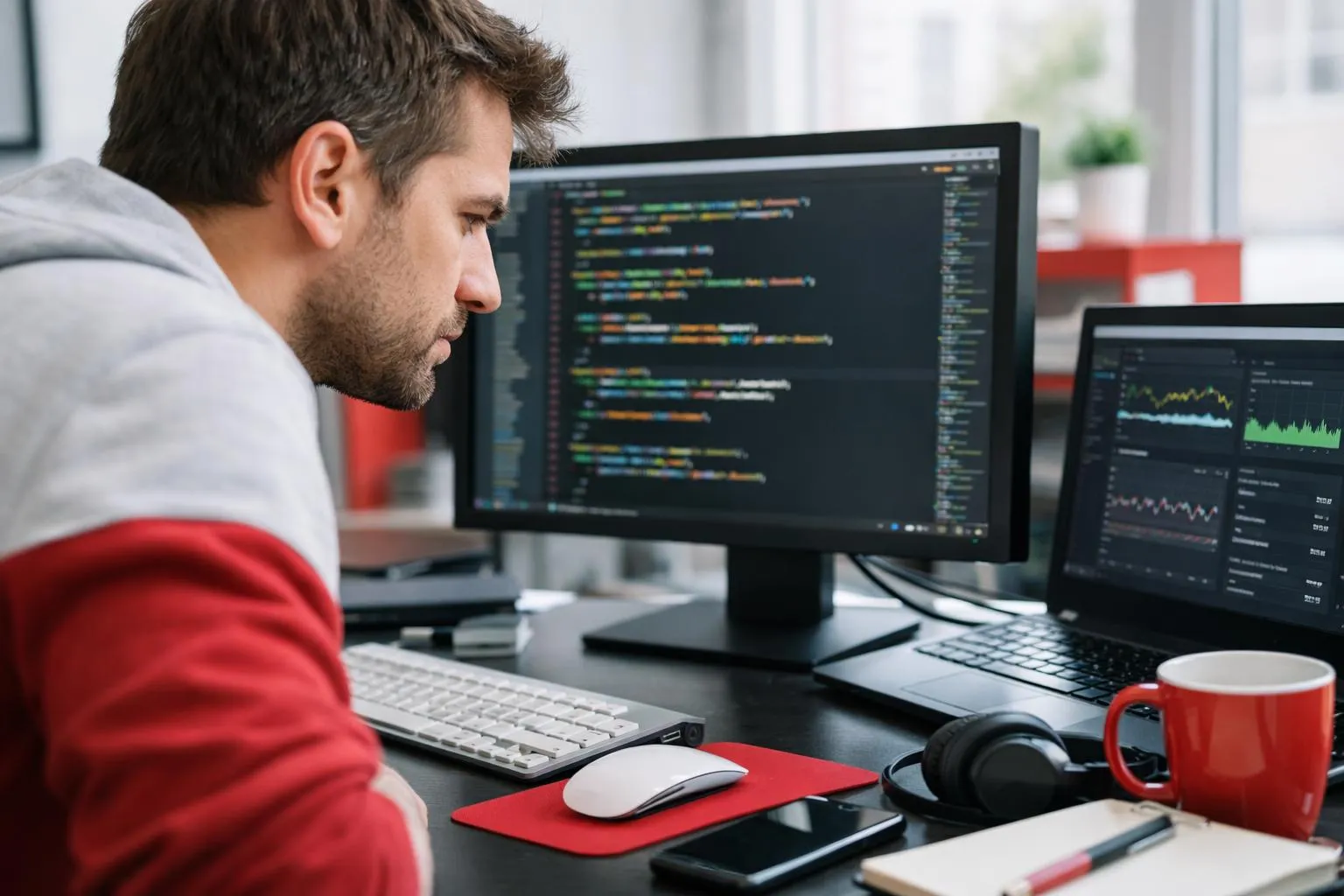 Homme concentré sur le code informatique sur son écran d'ordinateur.