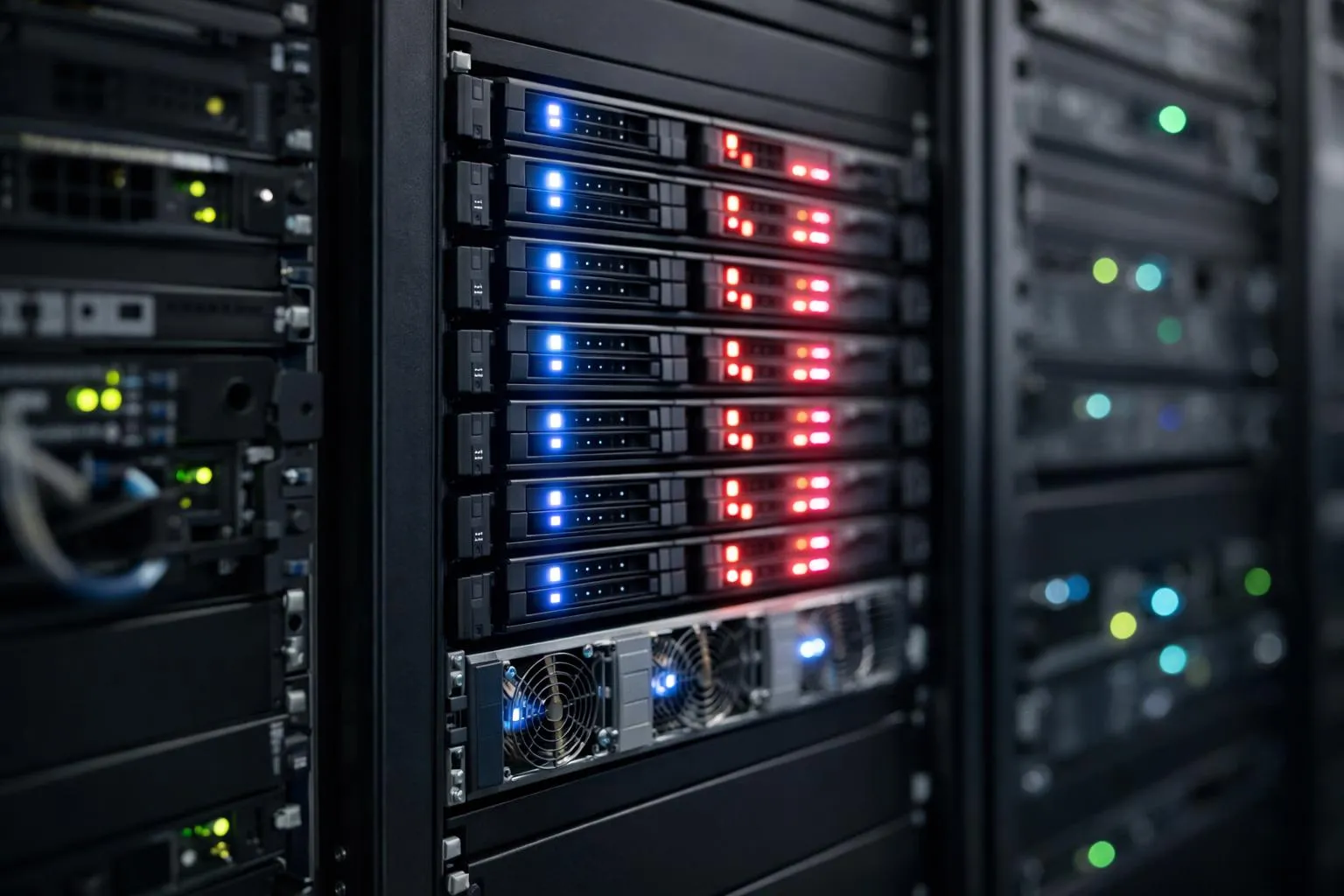 Rack de serveurs avec voyants lumineux bleus et rouges.