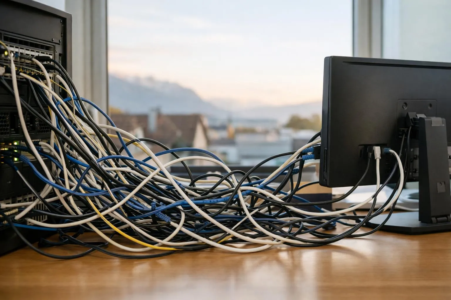 Câbles et connexions électroniques enchevêtrés sur un bureau.