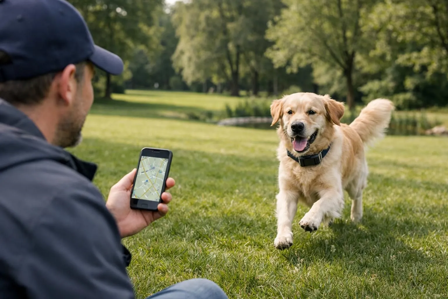 Propriétaire soulagé tenant son smartphone montrant une carte GPS tandis que son golden retriever portant un collier avec balise GPS moderne court joyeusement vers lui dans un parc verdoyant, scène réaliste et chaleureuse capturant le lien émotionnel entre maître et animal