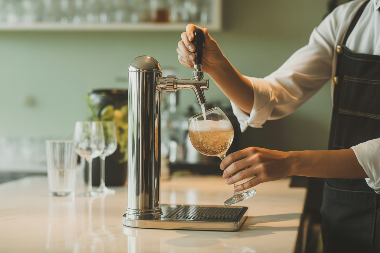 Vue en coulisses d'une cuisine de restaurant ou d'un bar propre et organisé, où un fût de Grano Maté en inox est soigneusement connecté à une ligne de tireuse.