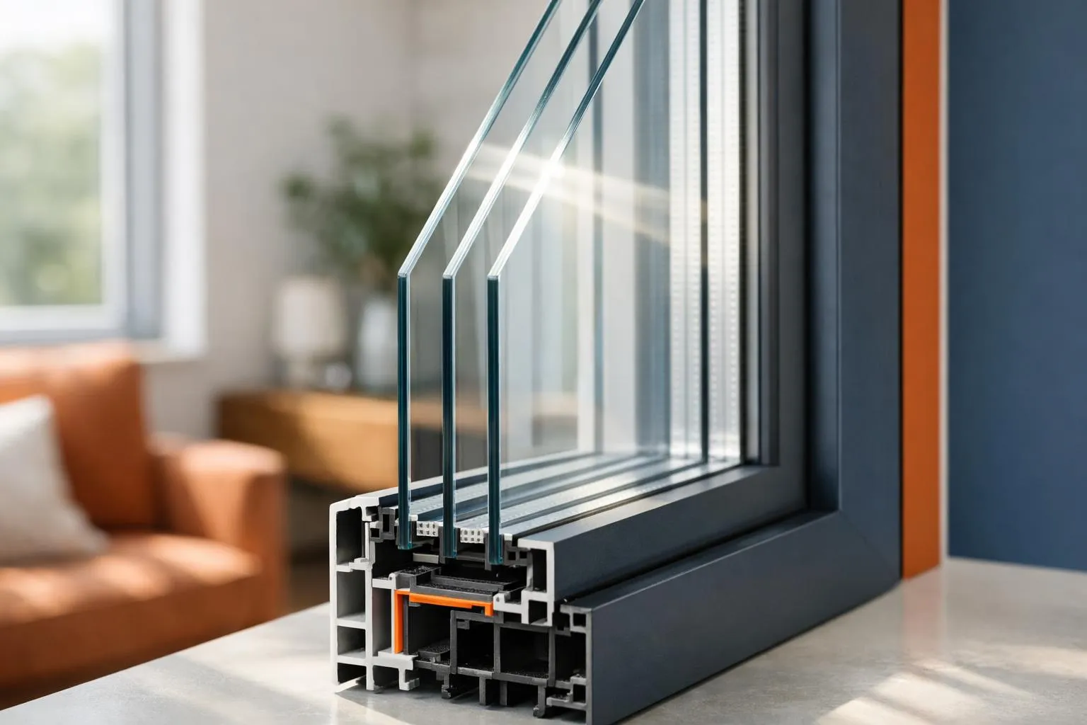 Fenêtre en aluminium avec triple vitrage et profilé isolant.