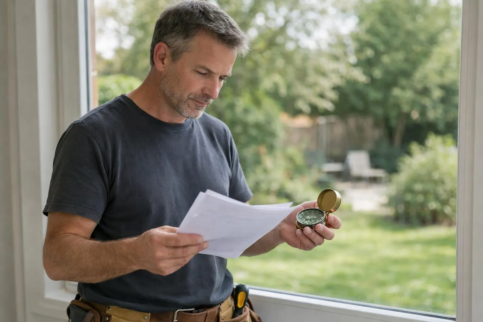 Homme mature lisant un document tout en tenant une boussole.