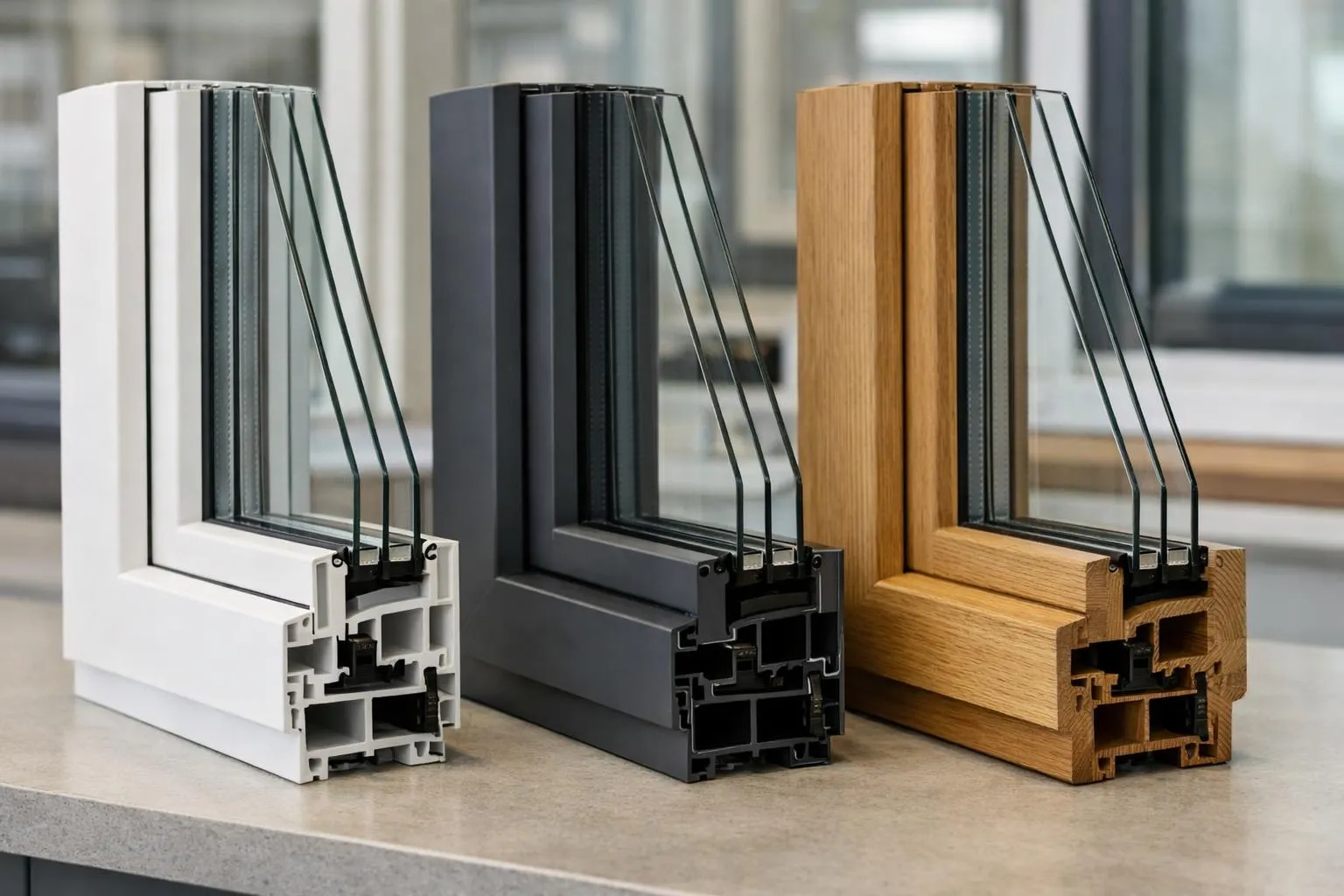 Fenêtres en plastique, en métal et en bois, échantillons de matériaux de construction.