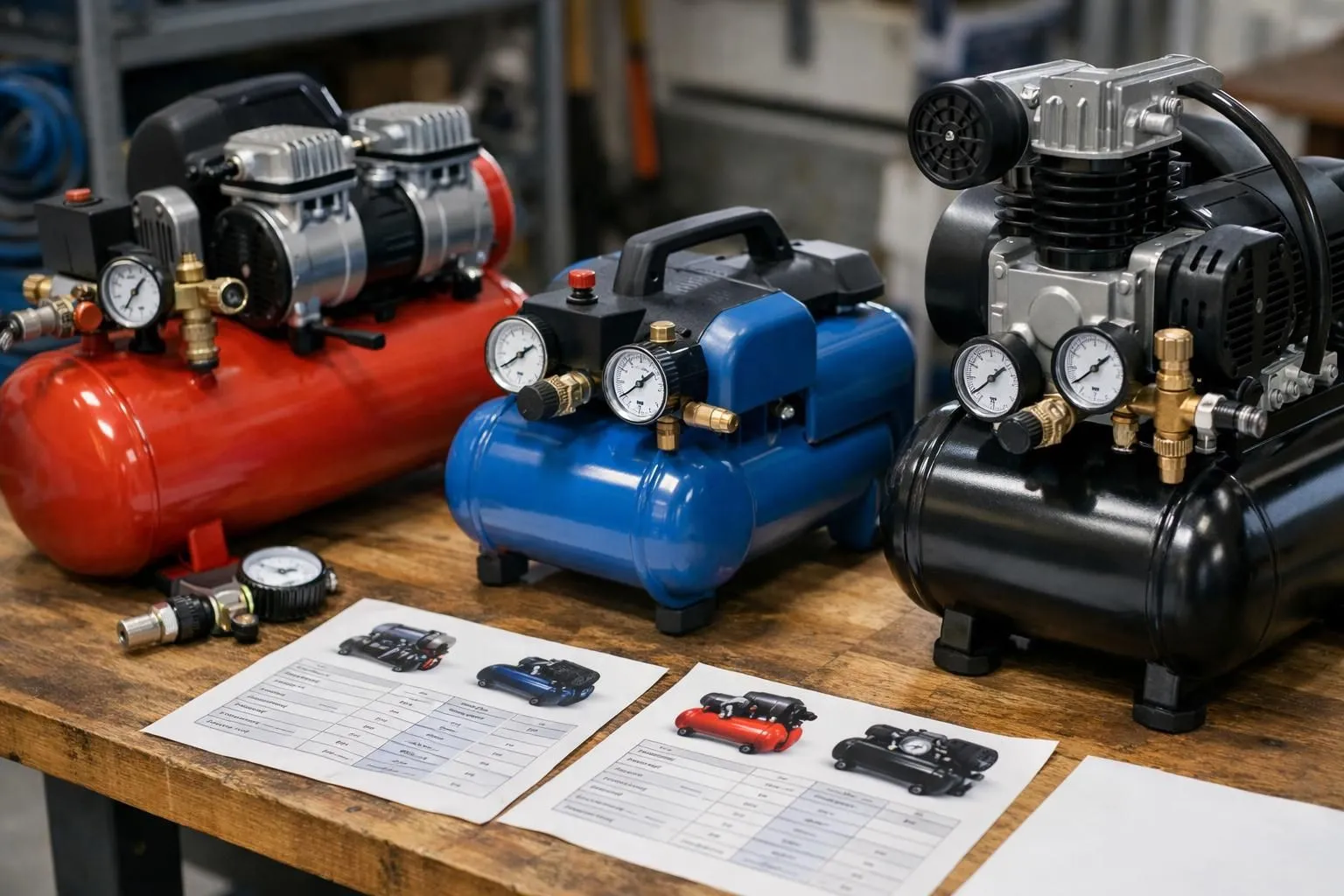 Workshop scene showing person comparing different air compressor models on workbench, with pressure gauges and technical specification sheets visible, professional lighting highlighting the equipment selection process