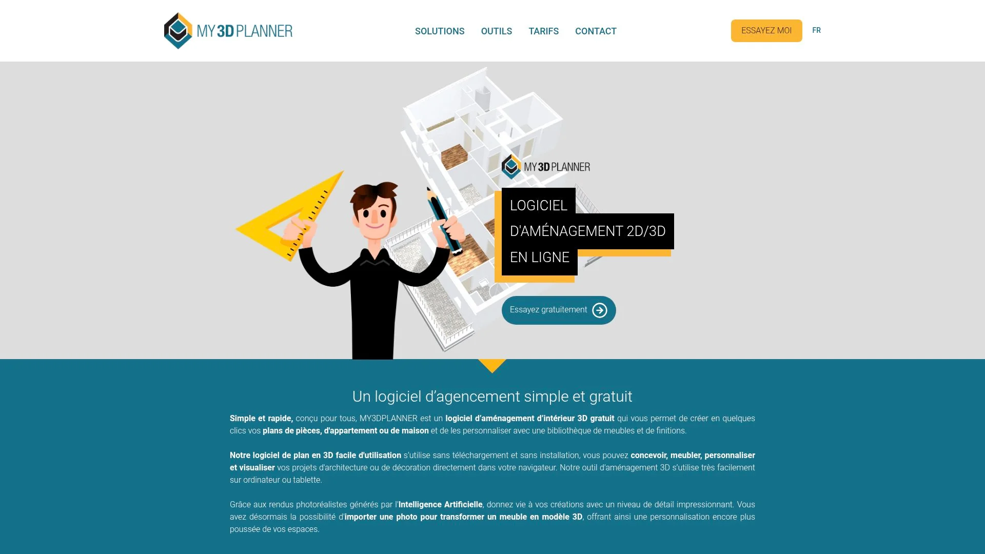 Homme tenant un crayon et présentant un logiciel d'aménagement 2D/3D en ligne.