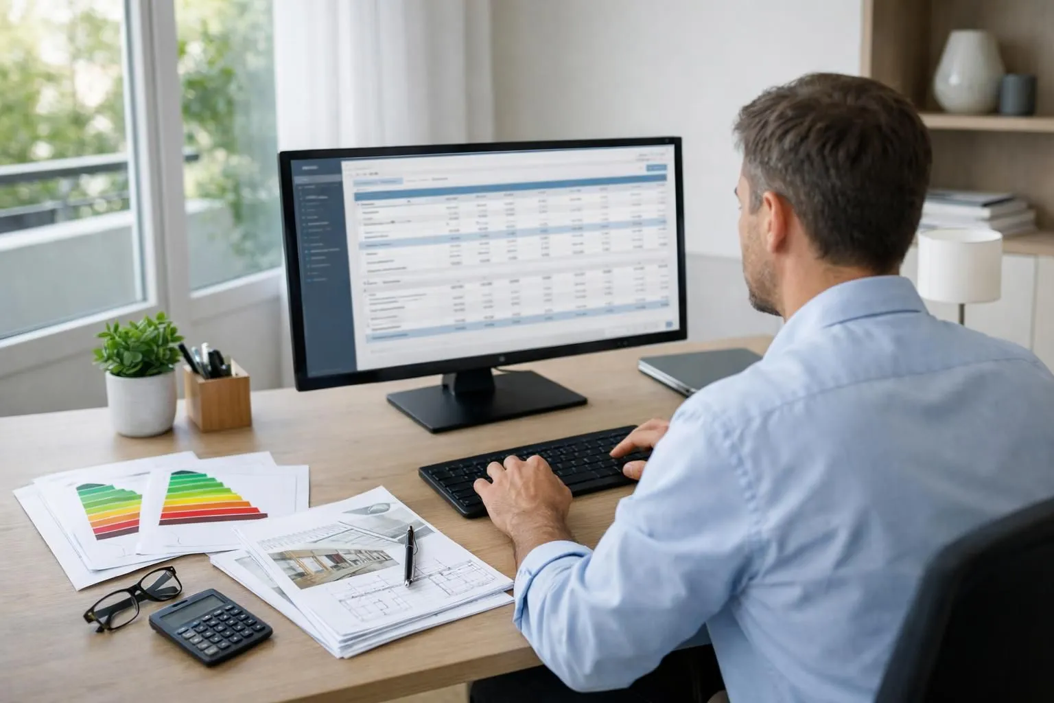 Modern office workspace showing a professional using specialized accounting software on a large monitor, with energy efficiency certificates and renovation project documents organized on the desk, natural lighting from window, clean contemporary French business environment