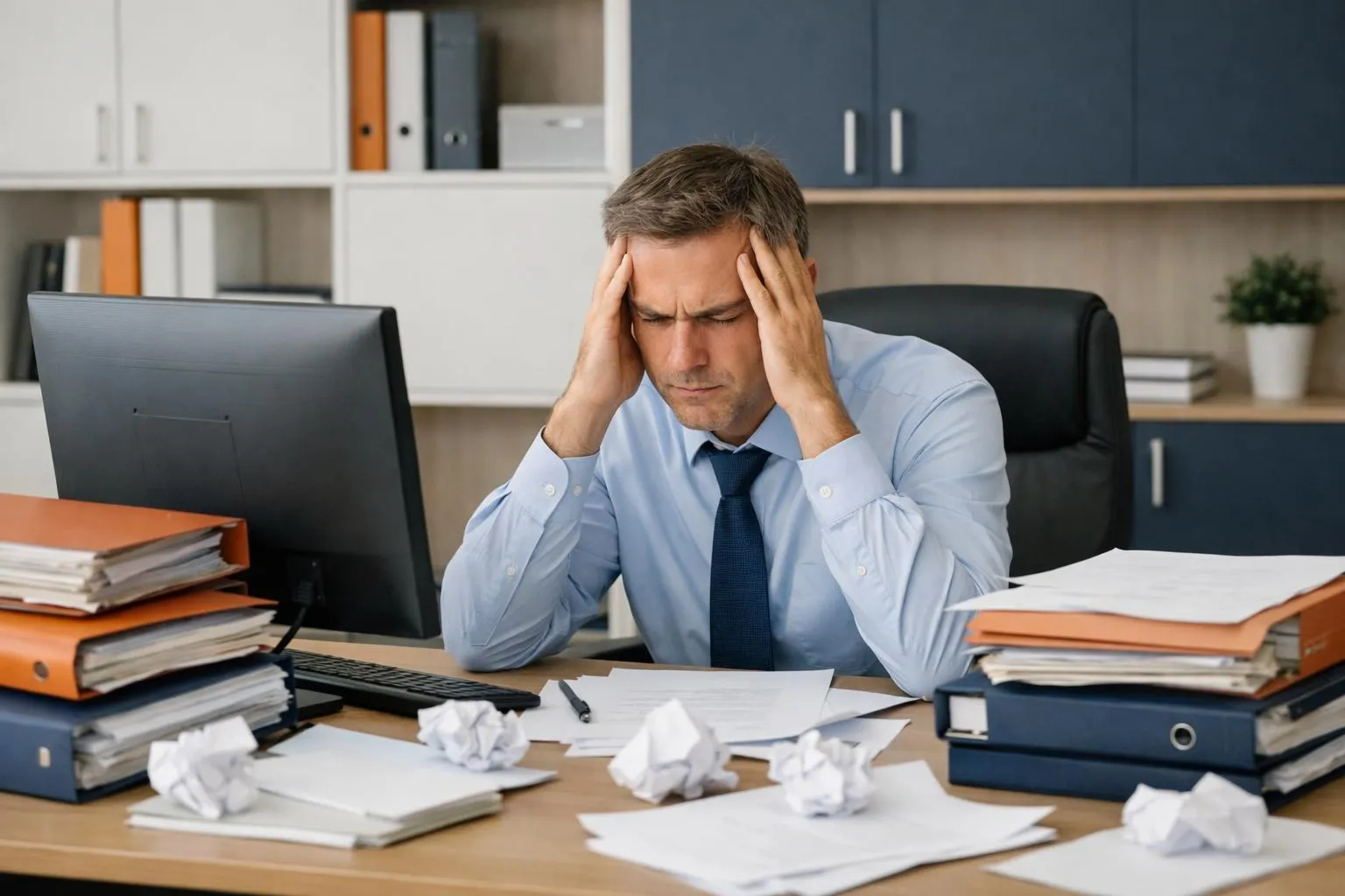 Homme d'affaires stressé au bureau avec des documents éparpillés.