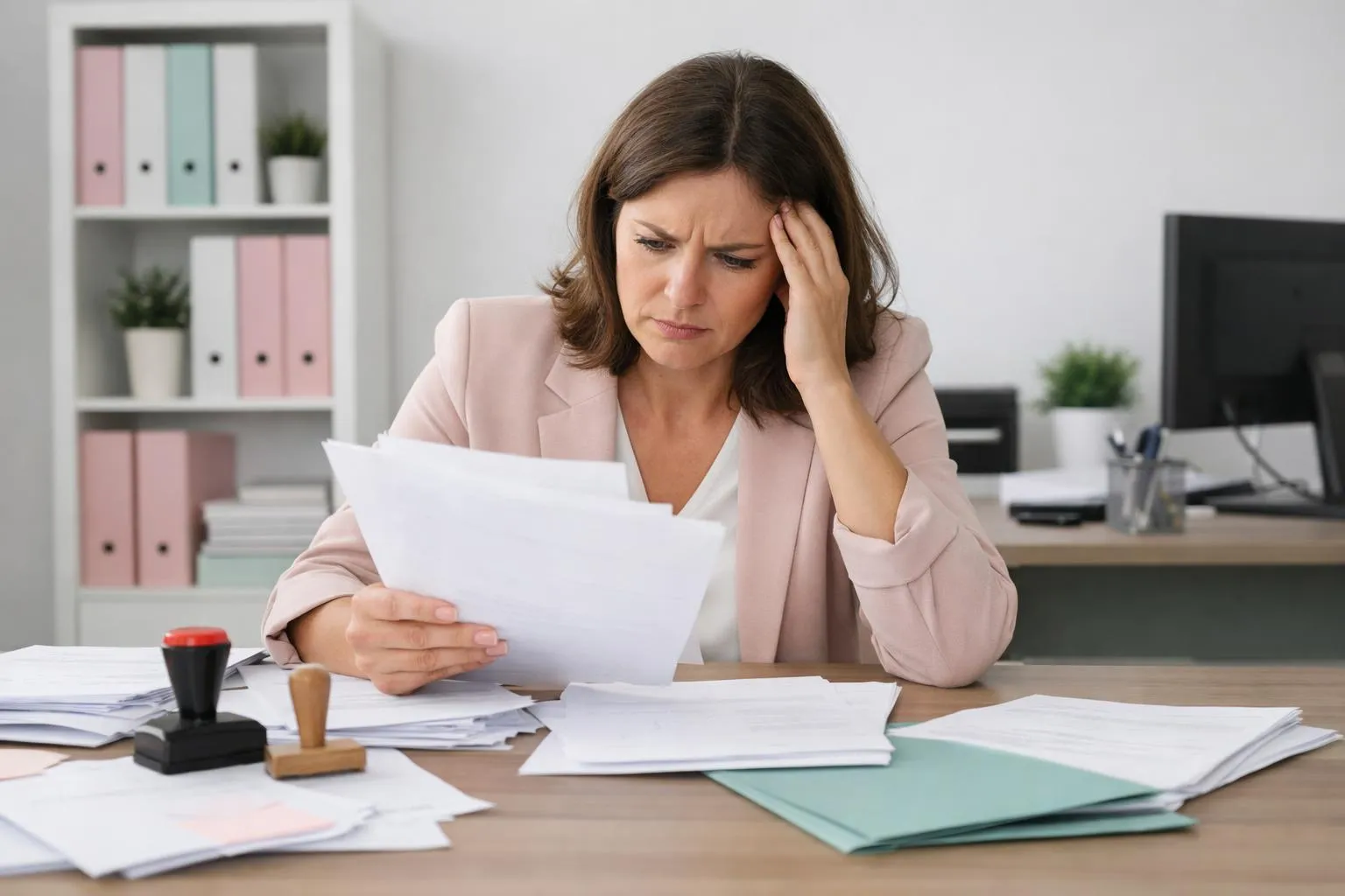 Femme d'affaires stressée examinant des documents au bureau.
