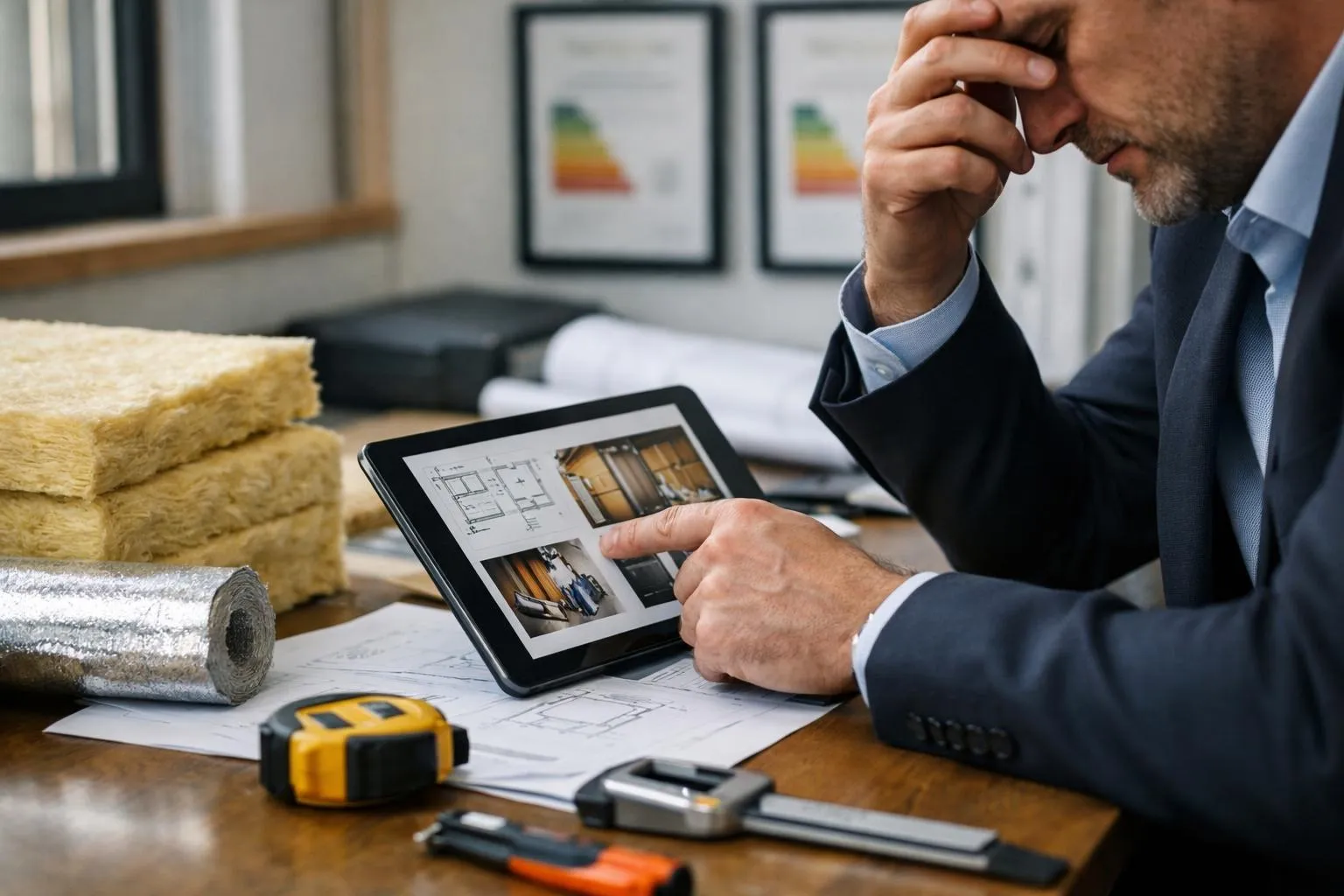 Homme d'affaires examinant des plans et des images sur une tablette numérique.