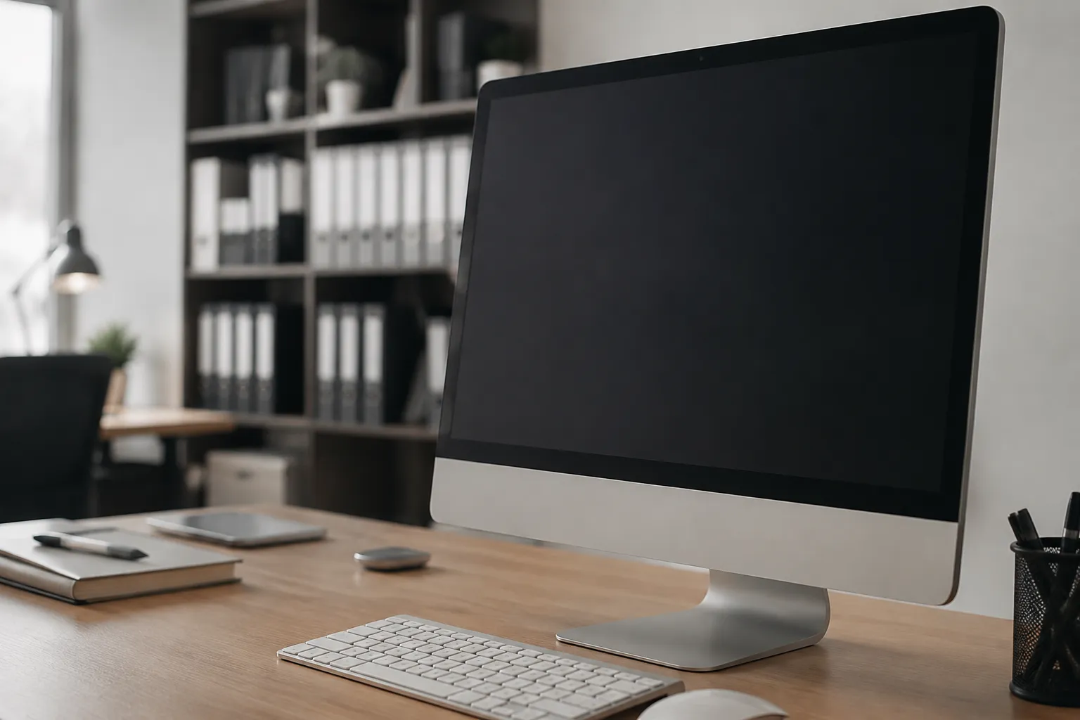 Bureau de travail avec ordinateur, clavier et étagères.