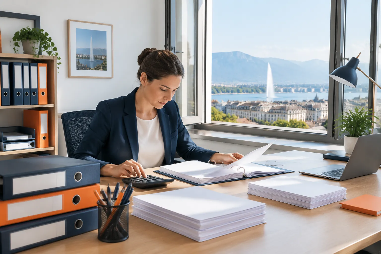 Femme travaillant au bureau, vue sur lac et montagnes