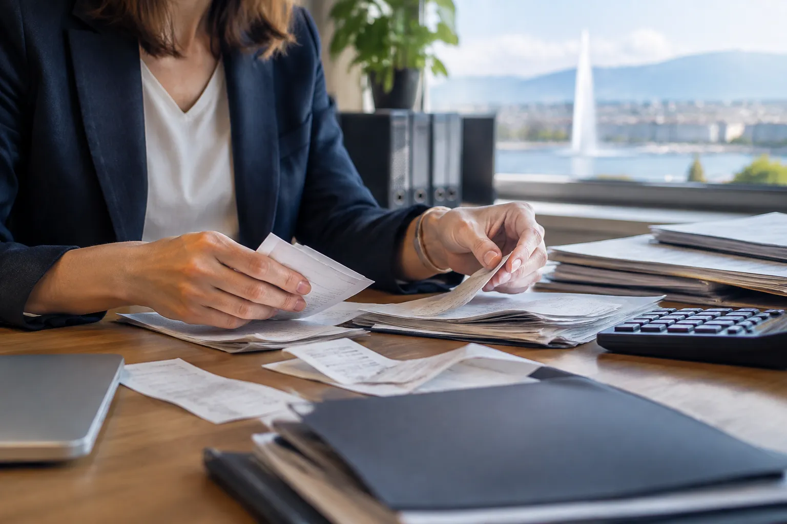 Femme examinant des factures, dossiers et calculatrice au bureau