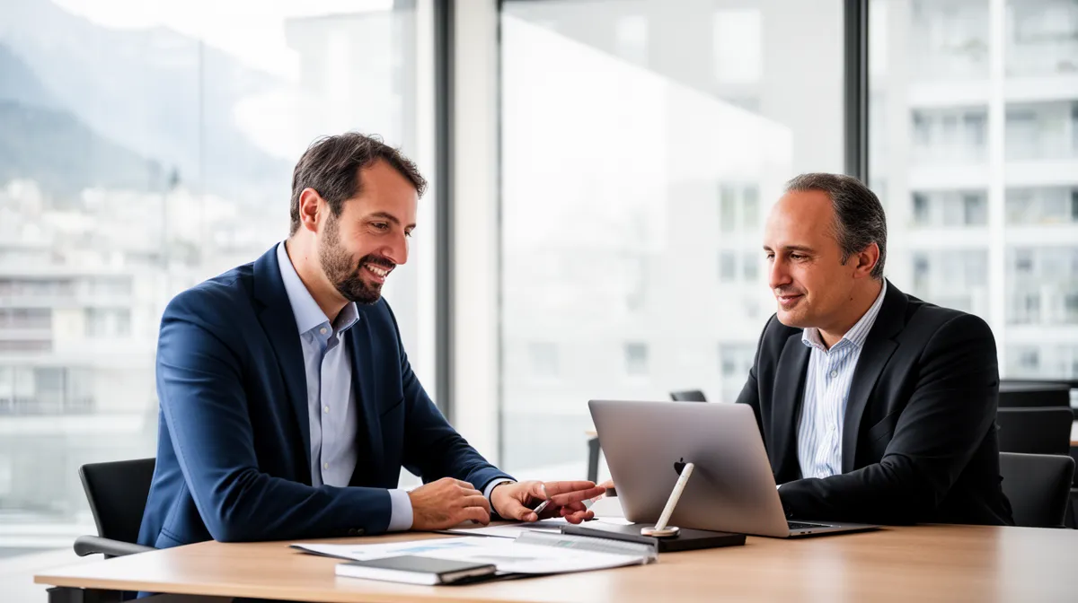 Deux hommes d'affaires collaborant sur un ordinateur portable dans un bureau moderne.