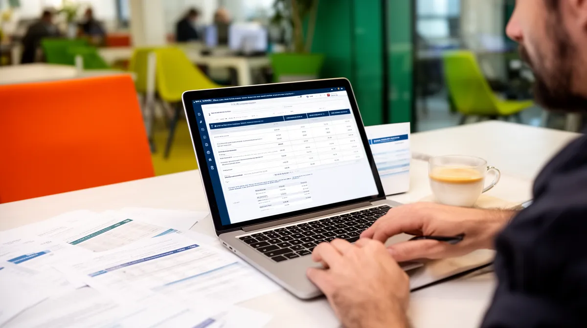 Homme travaillant sur un ordinateur portable dans un bureau coloré.