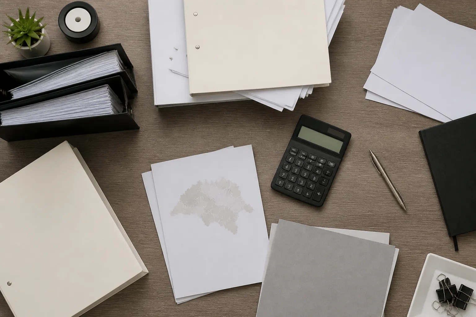 Bureau de travail avec documents, calculatrice et plante décorative.