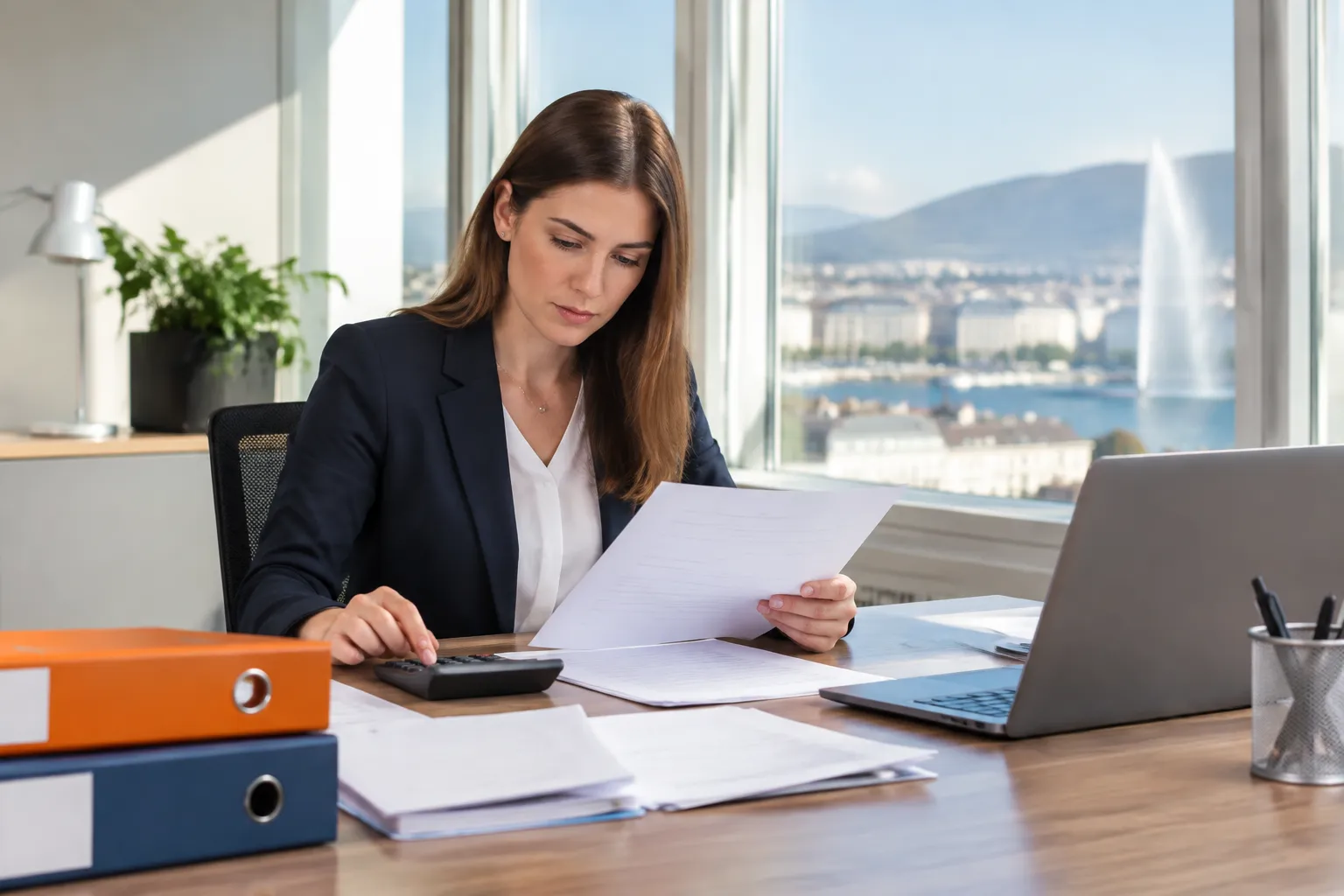 Femme d’affaires examinant des documents devant son ordinateur portable.