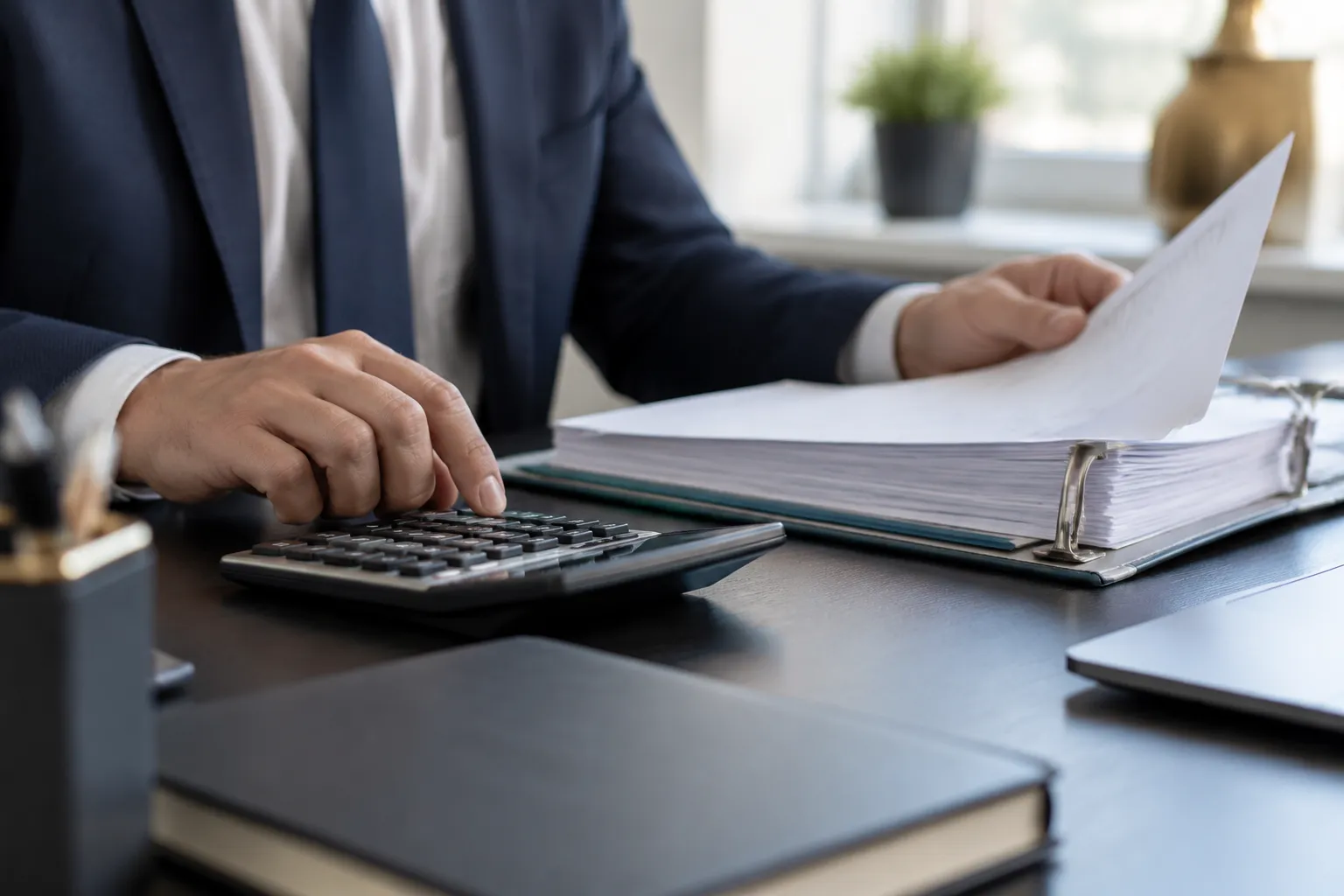 Homme en costume calculant des documents avec une calculatrice.