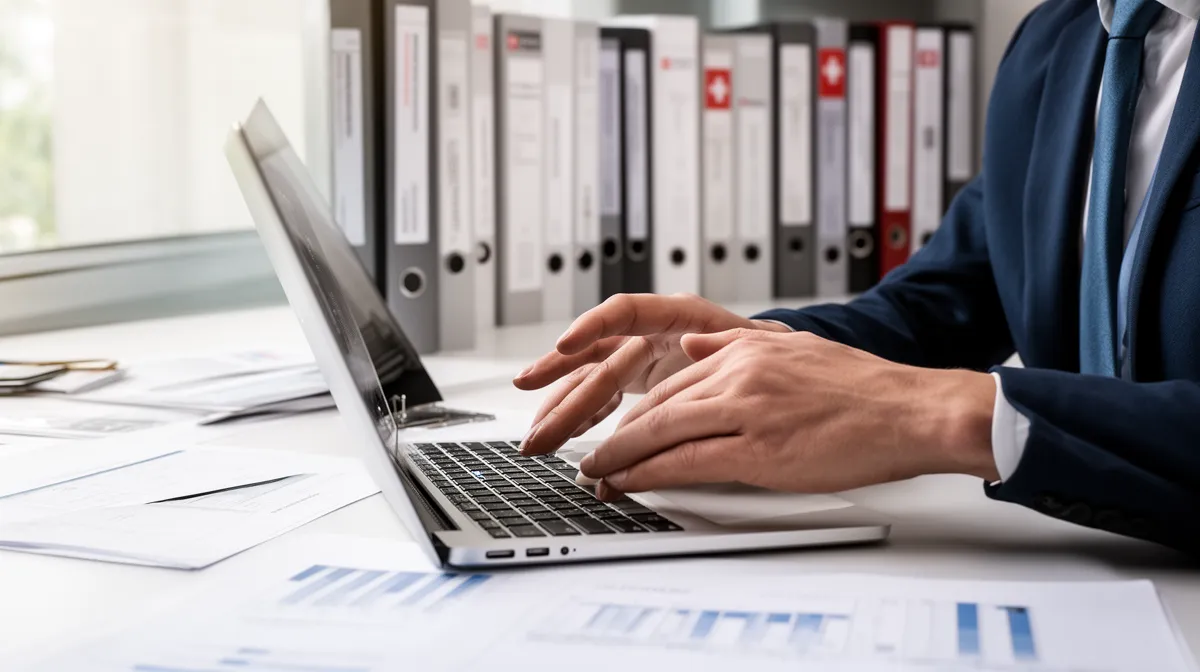 Homme d'affaires travaillant sur un ordinateur portable dans un bureau.