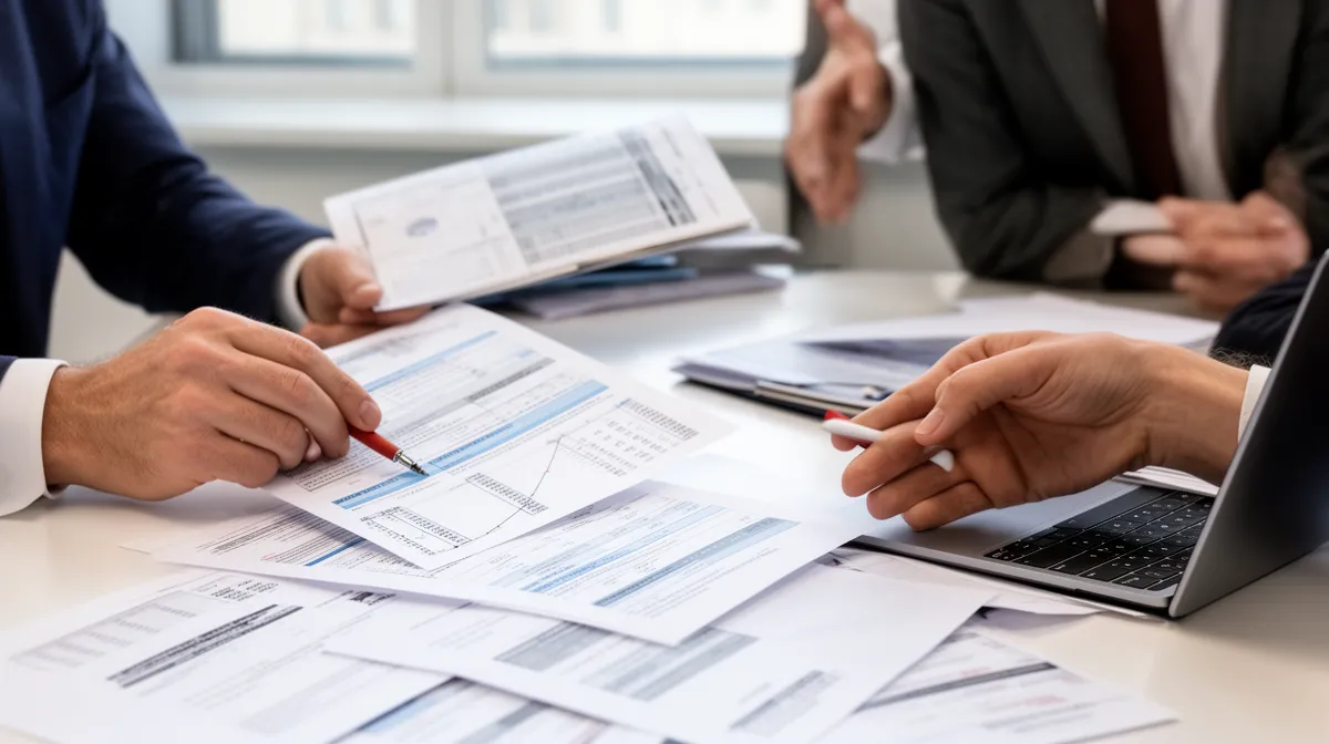 Réunion d'affaires avec documents et ordinateur portable.