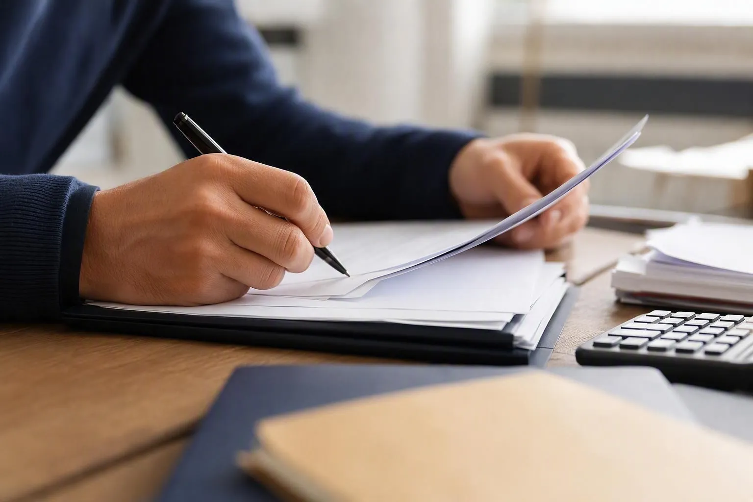 Personne remplissant des documents avec une calculatrice sur le bureau