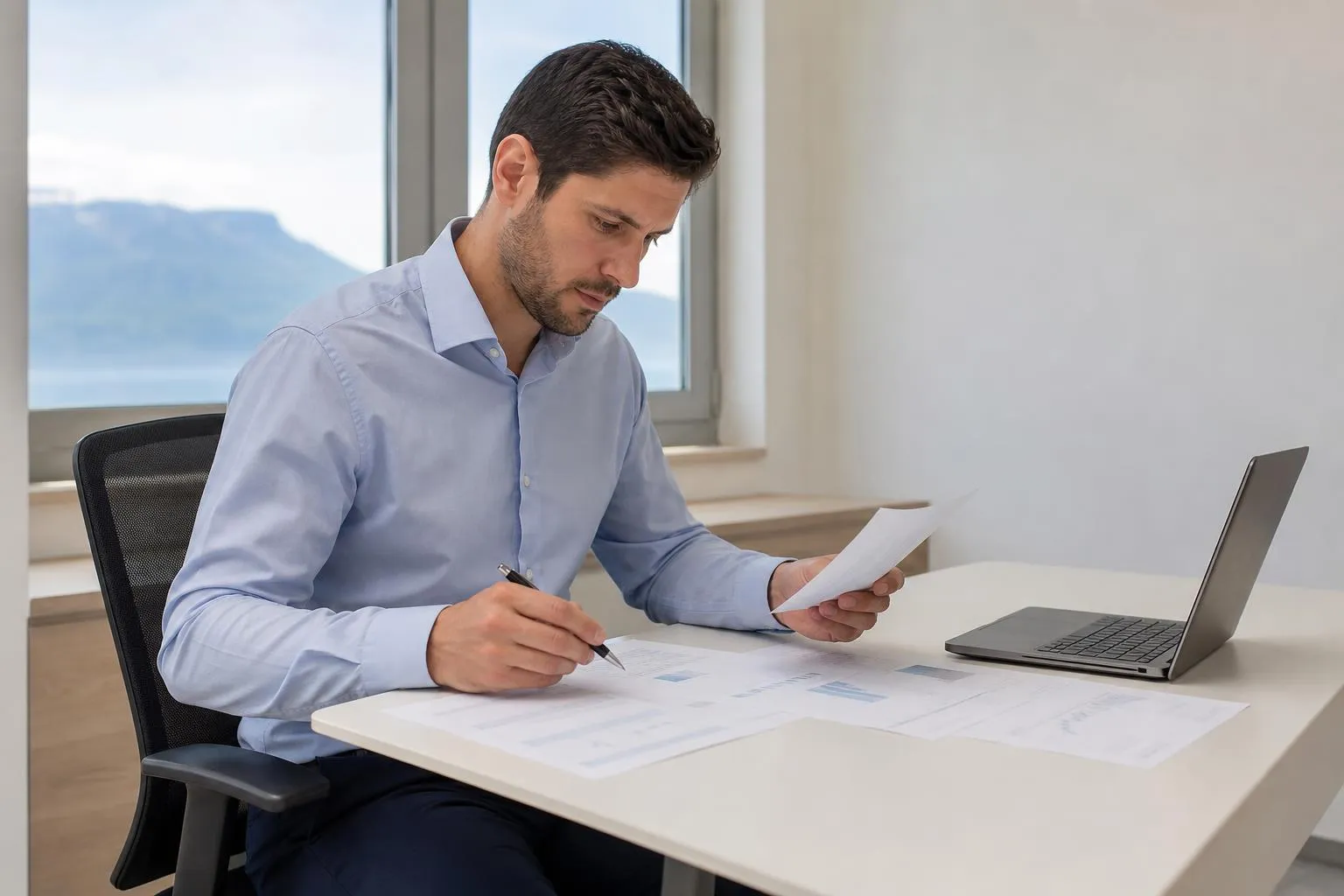 Homme d'affaires concentré travaillant sur des documents au bureau.