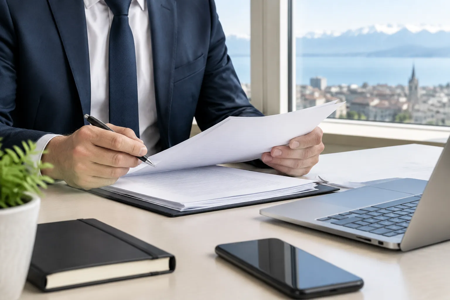 Homme d'affaires examinant des documents sur un bureau avec ordinateur portable.