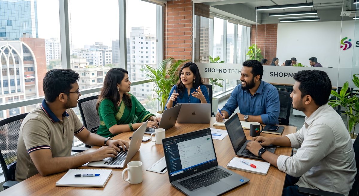 Équipe de professionnels en réunion dans un bureau moderne.