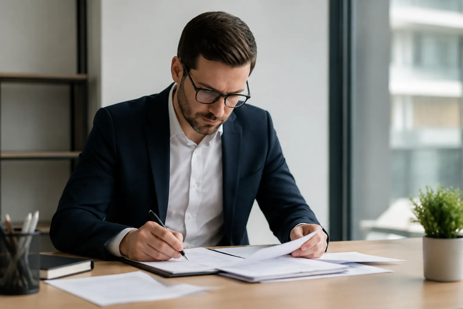 Homme d'affaires concentré examinant des documents sur son bureau.