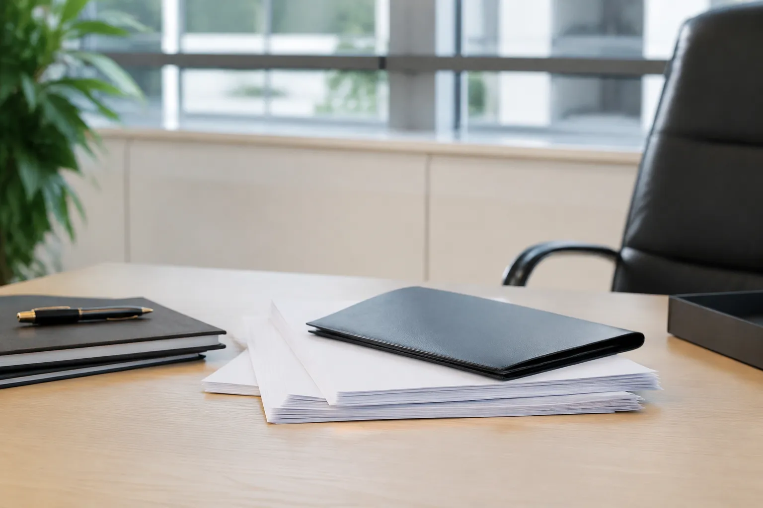 Bureau de travail avec documents, stylo et ordinateur portable.
