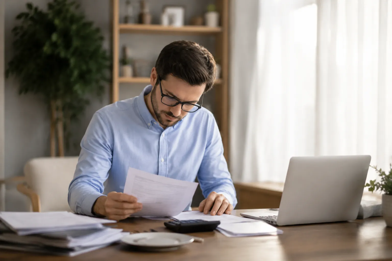 Homme d'affaires concentré examinant des documents au bureau.