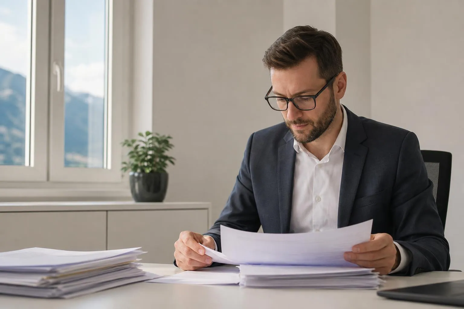 Homme d'affaires concentré examinant des documents sur son bureau.